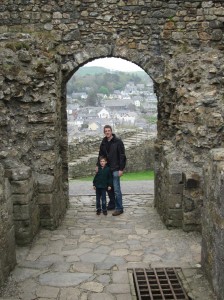 Dad and son at Criccieth Castle. It overlooks the ocean from a high point.  Lovely views.