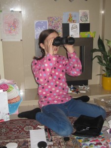 She and Joel enjoy learning about birds so she got binoculars for her birthday so she can do some birdwatching.